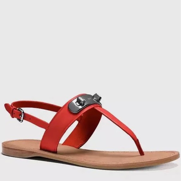 Coach Gracie Swagger Orange-Rust Orange Turn Lock Leather T Strap Sandals. - Picture 5 of 14